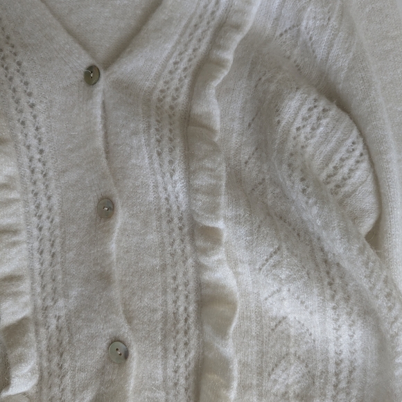 White Mohair V-neck Cardigen with Ruffle Crochet Detail on Front Size Large - Picture 7 of 12